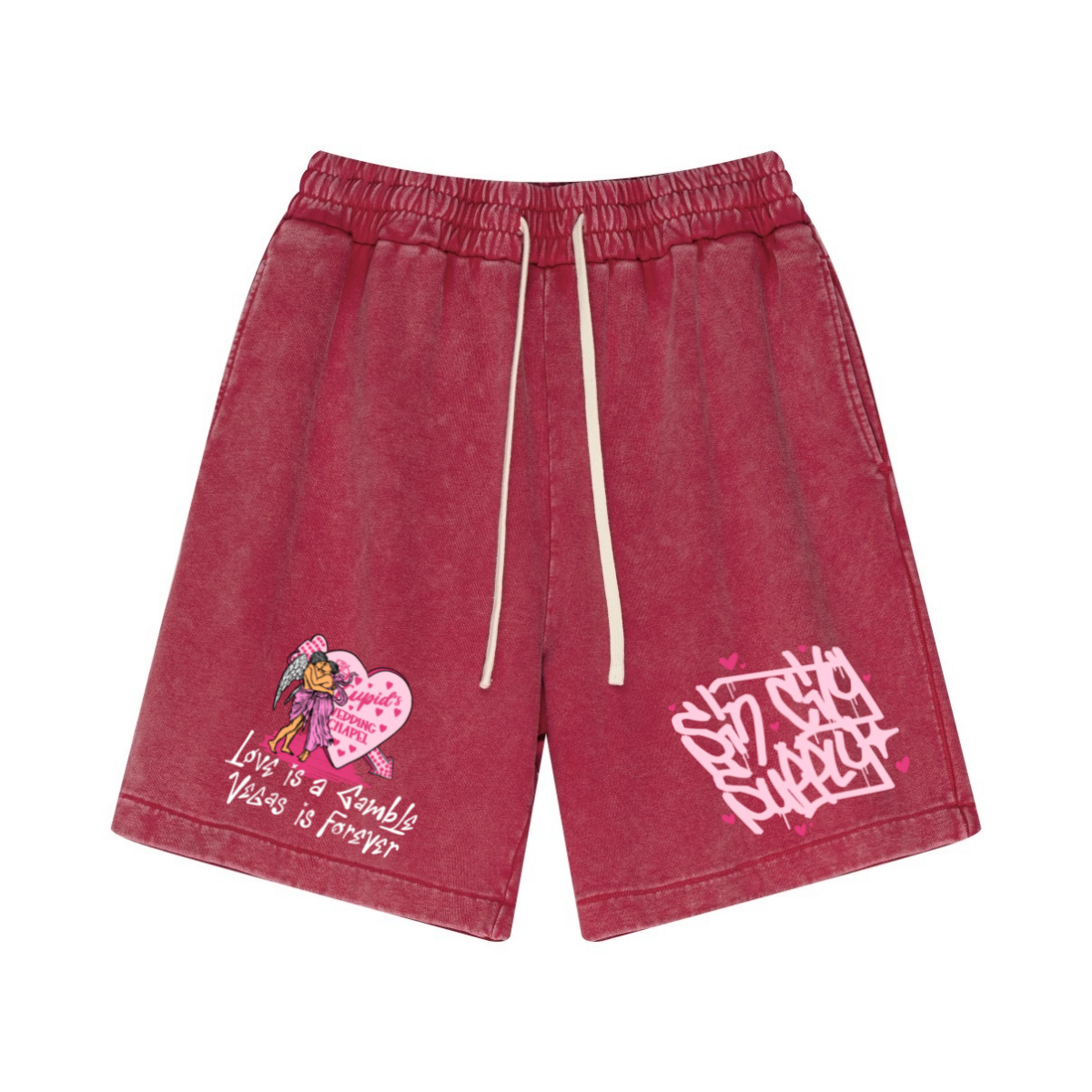 330GSM Men's Heavyweight 100% Cotton Snow-Washed Shorts Vintage Red