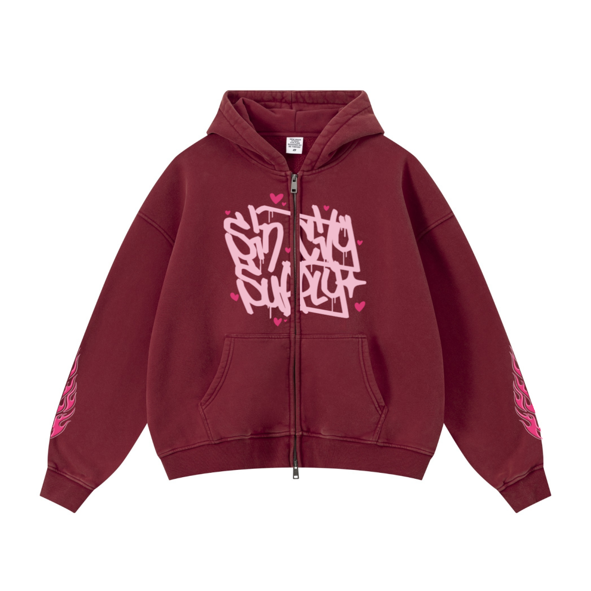 400GSM Unisex Vintage-Wash Boxy-Fit Zip-Up Hoodie Vintage Red