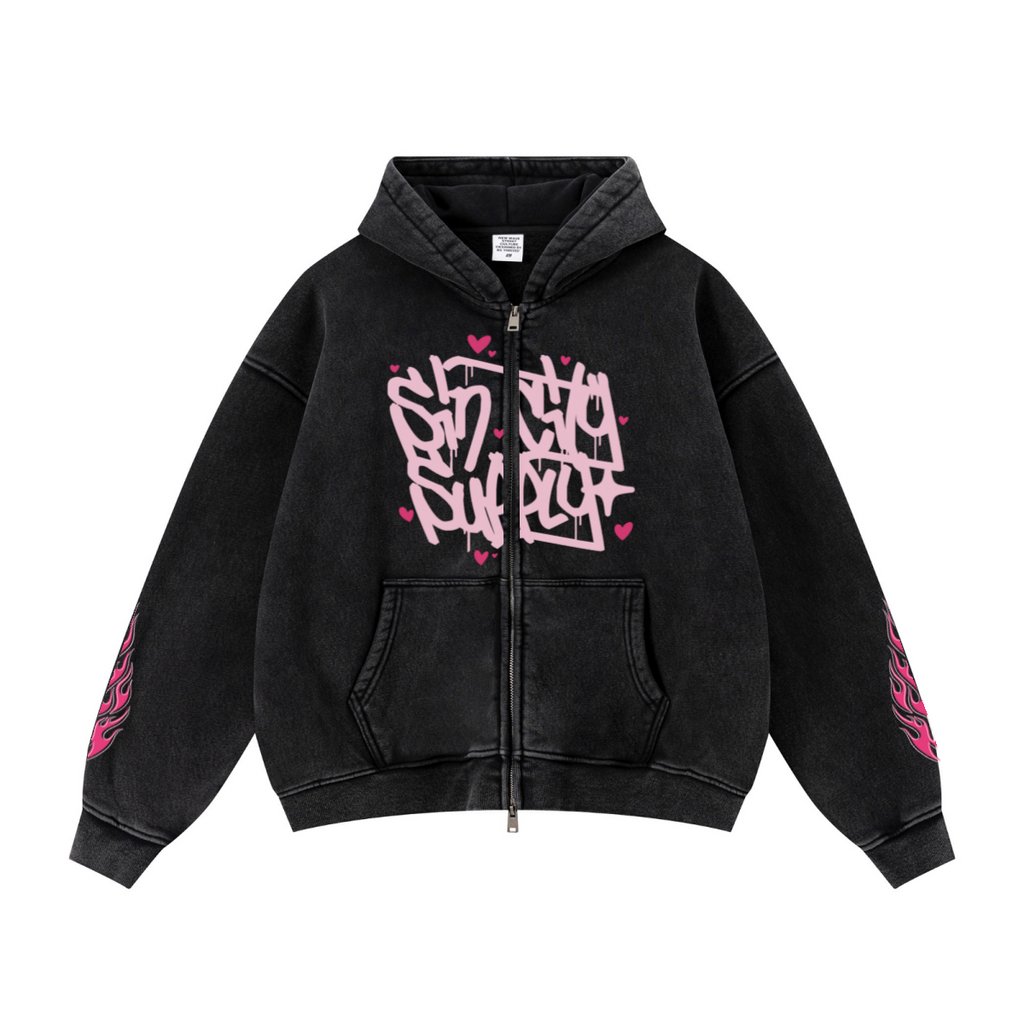 400GSM Unisex Vintage-Wash Boxy-Fit Zip-Up Hoodie Vintage Black