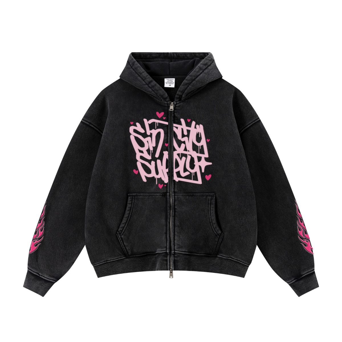 400GSM Unisex Vintage-Wash Boxy-Fit Zip-Up Hoodie Vintage Black